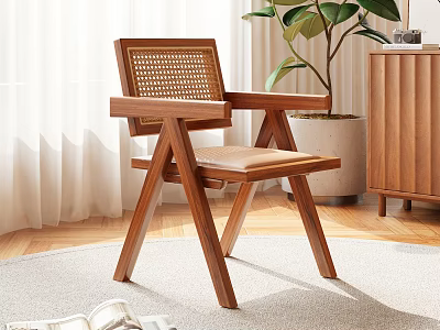 Wooden Leisure Chair With Woven Backrest And Cross Legs In Cozy Indoor Area 3d model