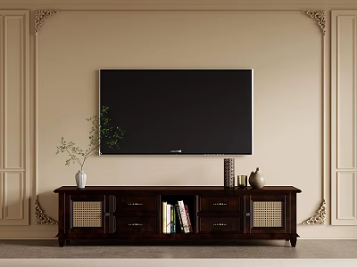 Classic Wooden TV Stand With Mounted TV Potted Plant Decorative Items And Books 3d model