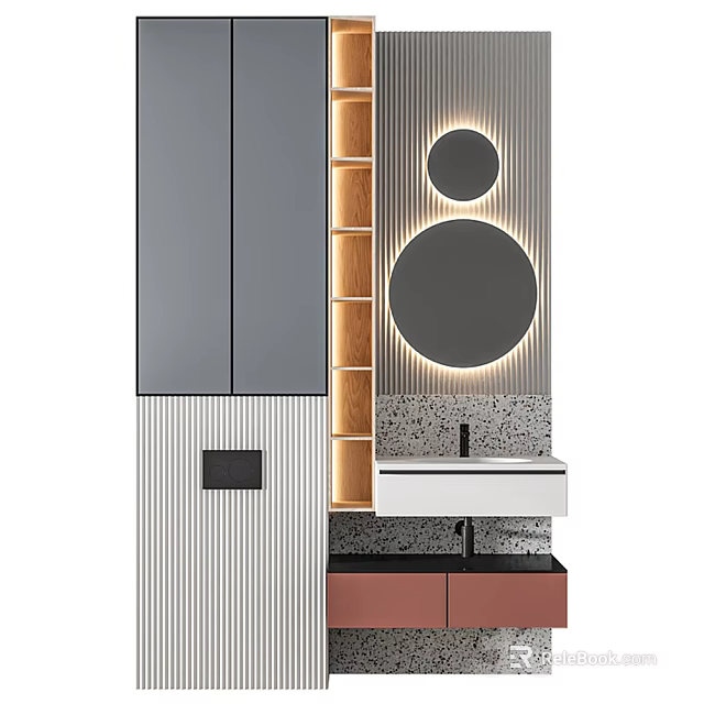 Modern Bathroom Cabinet With Backlit Round Mirror Sink Countertop And Storage Drawers 3d model 