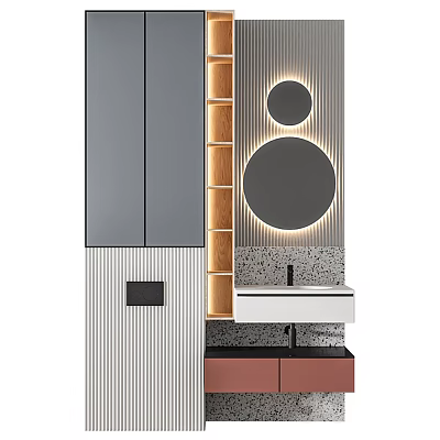 Modern Bathroom Cabinet With Backlit Round Mirror Sink Countertop And Storage Drawers 3d model