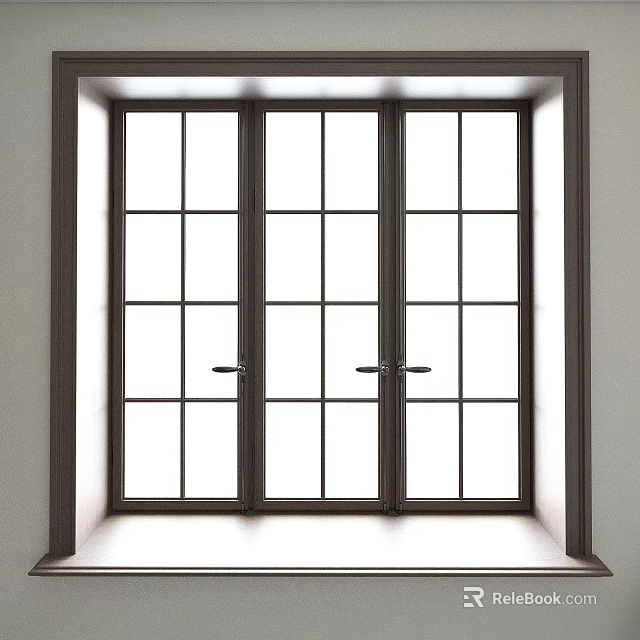 Modern Triple Casement Windows With Dark Frame And Grid Pane Design 3d model 