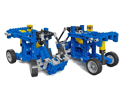 Blue Building Blocks Mechanical Model With Four Wheeled Structure And Yellow Components 3d model