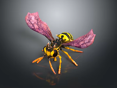 3D Fantasy Wasp Creature Character With Purple Veined Wings And Yellow Black Body 3d model