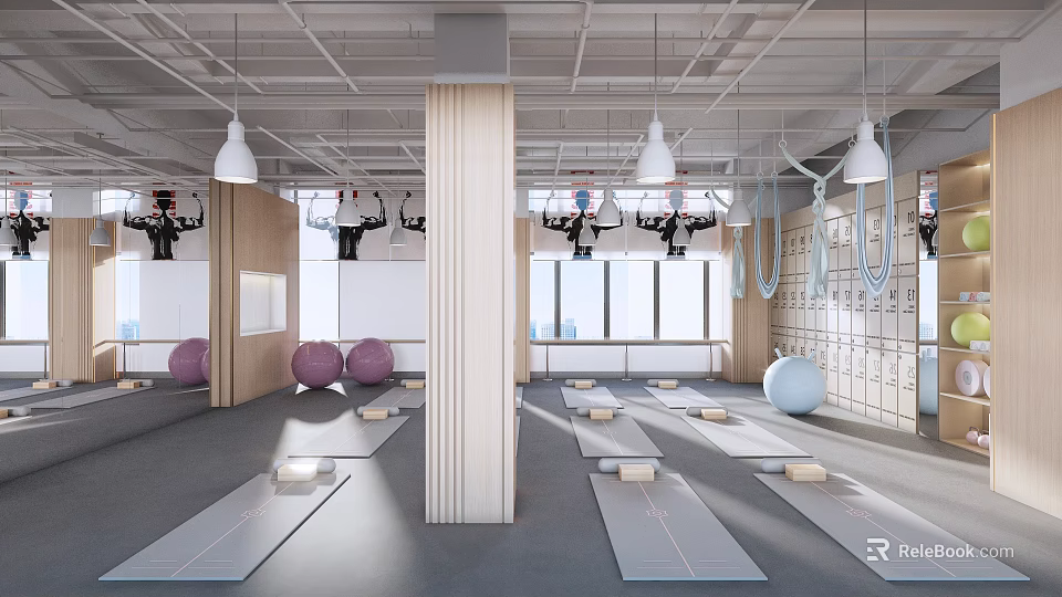Spacious Fitness Studio with Yoga Mats Balls Suspension Rings Mirrors Windows Lockers 3d model 