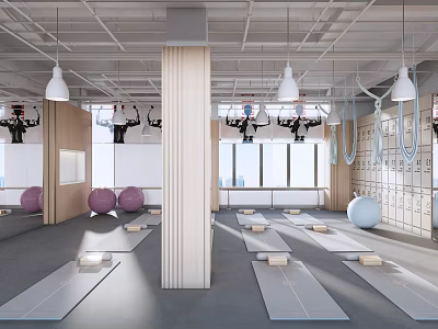 Spacious Fitness Studio with Yoga Mats Balls Suspension Rings Mirrors Windows Lockers 3d model