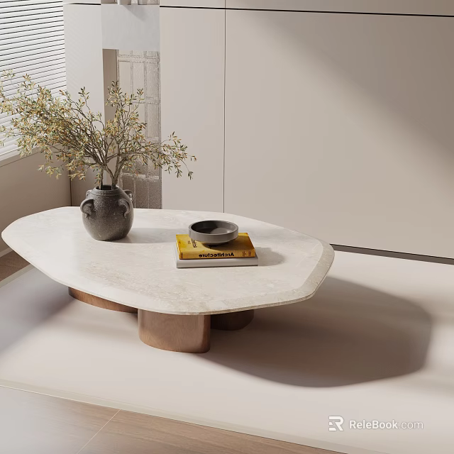 Modern Sofa Coffee Table Combination With Marble Top Wooden Base And Vase Greenery Book Bowl 3d model 