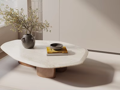 Modern Sofa Coffee Table Combination With Marble Top Wooden Base And Vase Greenery Book Bowl 3d model
