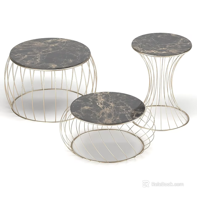 Round Coffee Tables Set With Marble Tops And Metal Wire Frames 3d model