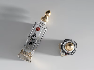 Elegant Clear Glass Wine Bottle and Wine Glass with Golden Cap on White Background 3d model