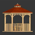 Detailed Wooden Octagonal Gazebo With Red Tiled Roof And Interior Table Chairs