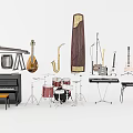Diverse Musical Instruments Collection With Piano Drum Set Guitar Saxophone Pipa and Music Stands
