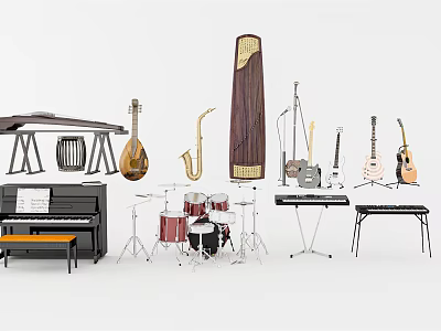 Diverse Musical Instruments Collection With Piano Drum Set Guitar Saxophone Pipa and Music Stands 3d model