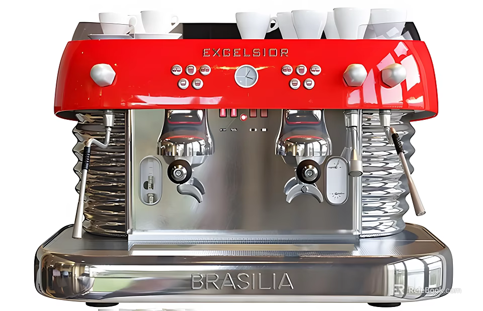 Red Brasilia Espresso Machine Modern Kitchen Appliance With Double Spouts And White Cups 3d model 