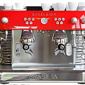 Red Brasilia Espresso Machine Modern Kitchen Appliance With Double Spouts And White Cups
