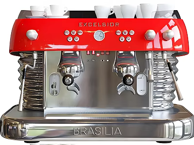 Red Brasilia Espresso Machine Modern Kitchen Appliance With Double Spouts And White Cups 3d model