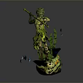 Artistic Decorative Statue With Green Yellow Colors Holding Long Staff And Cacti Blue Fish