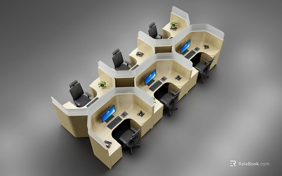 Modern Office Workstations with Multiple Desks Computers Office Chairs and Green Plants 3d model 