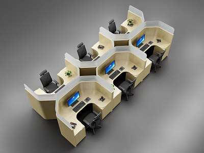 Modern Office Workstations with Multiple Desks Computers Office Chairs and Green Plants 3d model