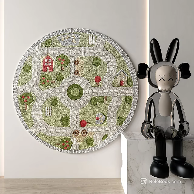 Living Room Round Carpet With Cartoon Road House Tree Patterns 3d model 