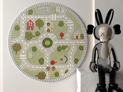 Living Room Round Carpet With Cartoon Road House Tree Patterns 3d model