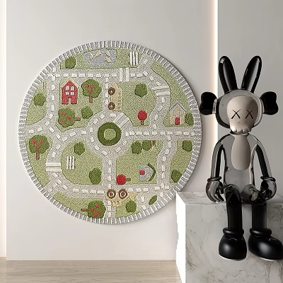 Living Room Round Carpet With Cartoon Road House Tree Patterns 3d model