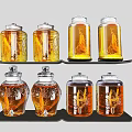 Decorative Glass Jars With Yellow Liquid And Carved Patterns On Black Trays