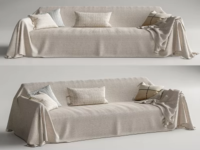 Beige Sectional Sofa With Linen Upholstery Throw Pillows And Cozy Throw Blanket 3d model