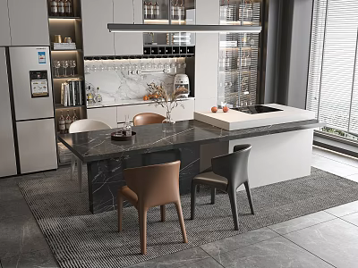 Modern Restaurant Kitchen Interior With Marble Island Counter Cabinets And Chairs 3d model