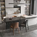 Modern Restaurant Kitchen Interior With Marble Island Counter Cabinets And Chairs