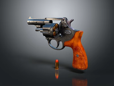 Vintage Revolver Detailed View With Metal Body Brown Wooden Grip And Single Bullet 3d model