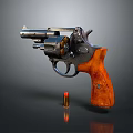 Vintage Revolver Detailed View With Metal Body Brown Wooden Grip And Single Bullet