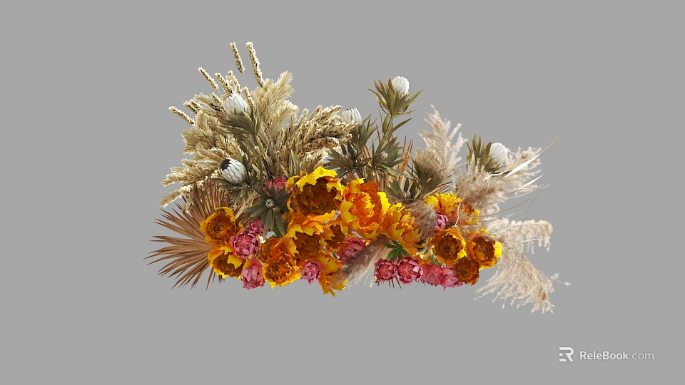 Decorative Dried Flower Vase Arrangement With Yellow Orange Pink And White Blooms 3d model 