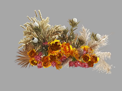 Decorative Dried Flower Vase Arrangement With Yellow Orange Pink And White Blooms 3d model
