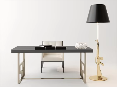 Modern Black Desk With Metal Legs White Chair And Black Shade Gold Floor Lamp 3d model