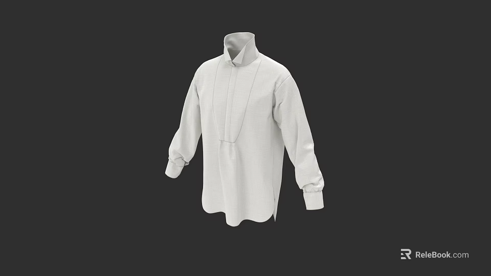 White Stand Up Collar Long Sleeves Casual Shirt With Simple Front Placket Design 3d model 