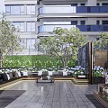 Modern Garden Landscape With Wooden Pavilion Greenery Lawn Water Feature Lounge Chairs And High-Rise Backdrop