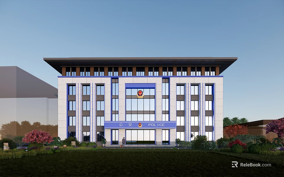 Modern Police Station Building Exterior With Blue Signage And Glass Windows 3d model 