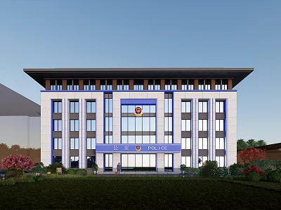 Modern Police Station Building Exterior With Blue Signage And Glass Windows 3d model