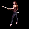 Woman holding a spear in three different angles wearing corset black pants and high heels