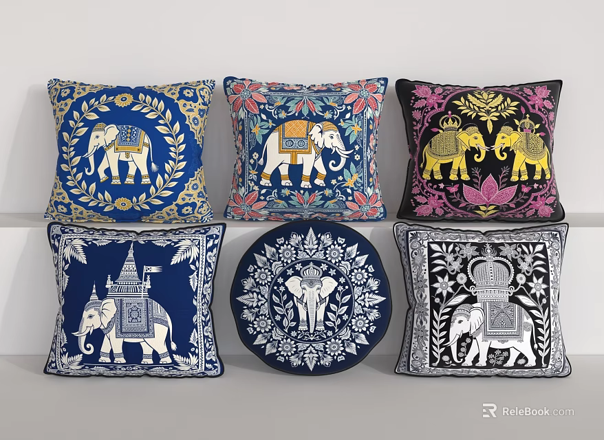 Decorative Elephant Pattern Pillows with Vibrant Colors and Intricate Designs 3d model