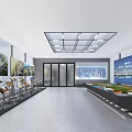 Modern Exhibition Hall Featuring Hanging White Square Installations Dark Tiled Floor And Display Cabinets 3d model