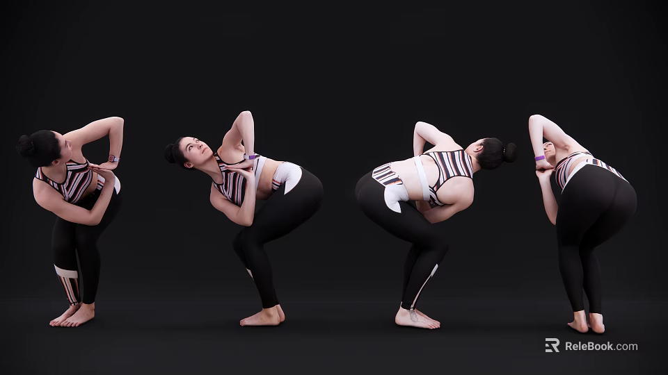 Women Doing Various Yoga Poses In Striped Sports Bra And Black Leggings On Black Background 3d model 