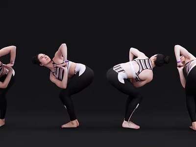 Women Doing Various Yoga Poses In Striped Sports Bra And Black Leggings On Black Background 3d model