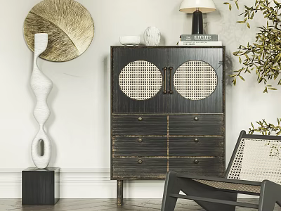 Modern Entryway Console Cabinet With Lattice Doors Drawers Decorative Sculpture Table Lamp And Plant 3d model