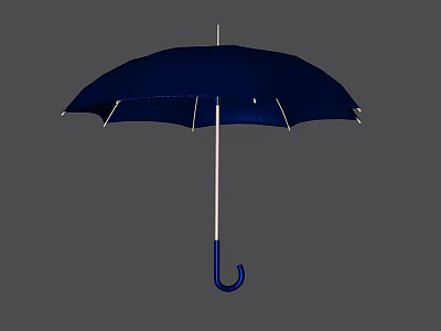 Stylish Blue Umbrella With White Ribs And Curved Handle Design 3d model