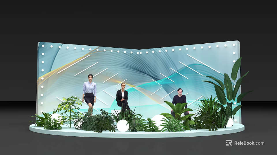 Photo Check In Spot With Curved Screen Wavy Lines Lighting Green Plants Round White Decorations 3d model 