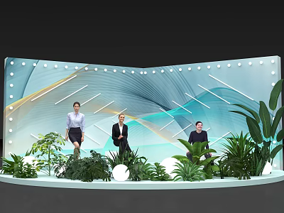 Photo Check In Spot With Curved Screen Wavy Lines Lighting Green Plants Round White Decorations 3d model