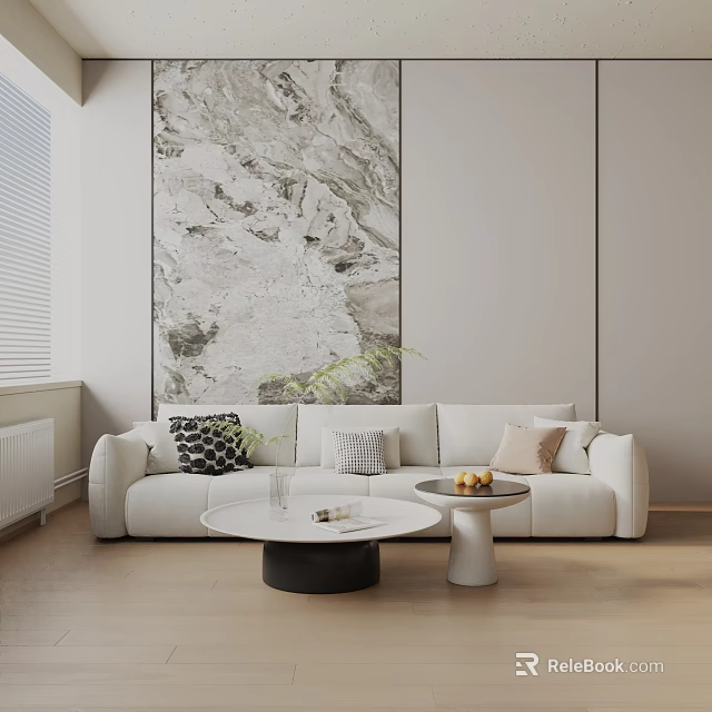 White Three Seater Sofa In Modern Living Room With Decorative Pillows And Round Coffee Table 3d model 