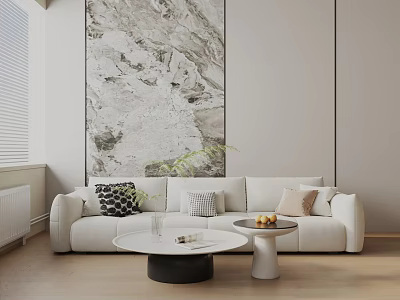 White Three Seater Sofa In Modern Living Room With Decorative Pillows And Round Coffee Table 3d model
