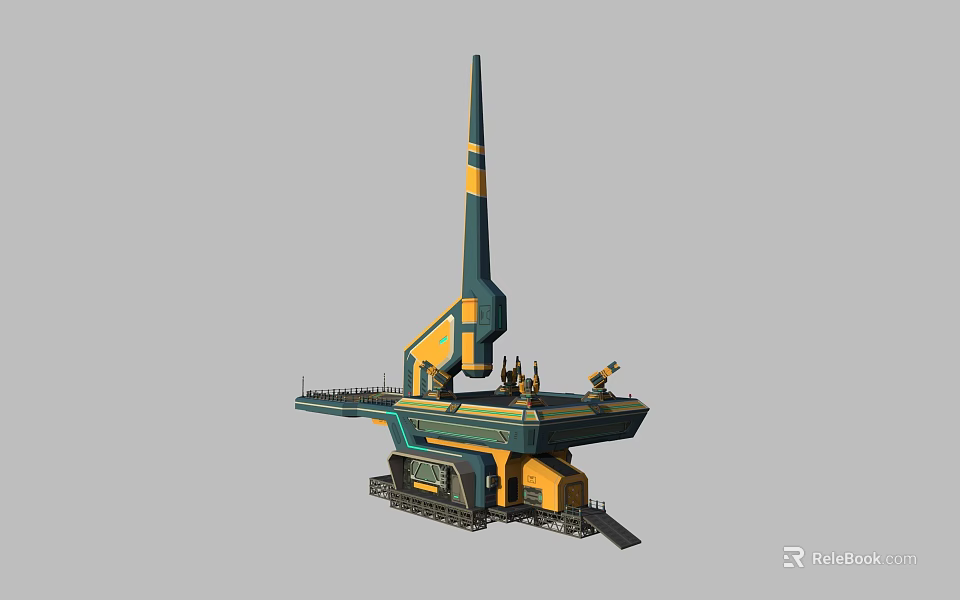 Tracked Military Machinery Structure With Tall Green Yellow Tower Operation Platform And Control Station 3d model 